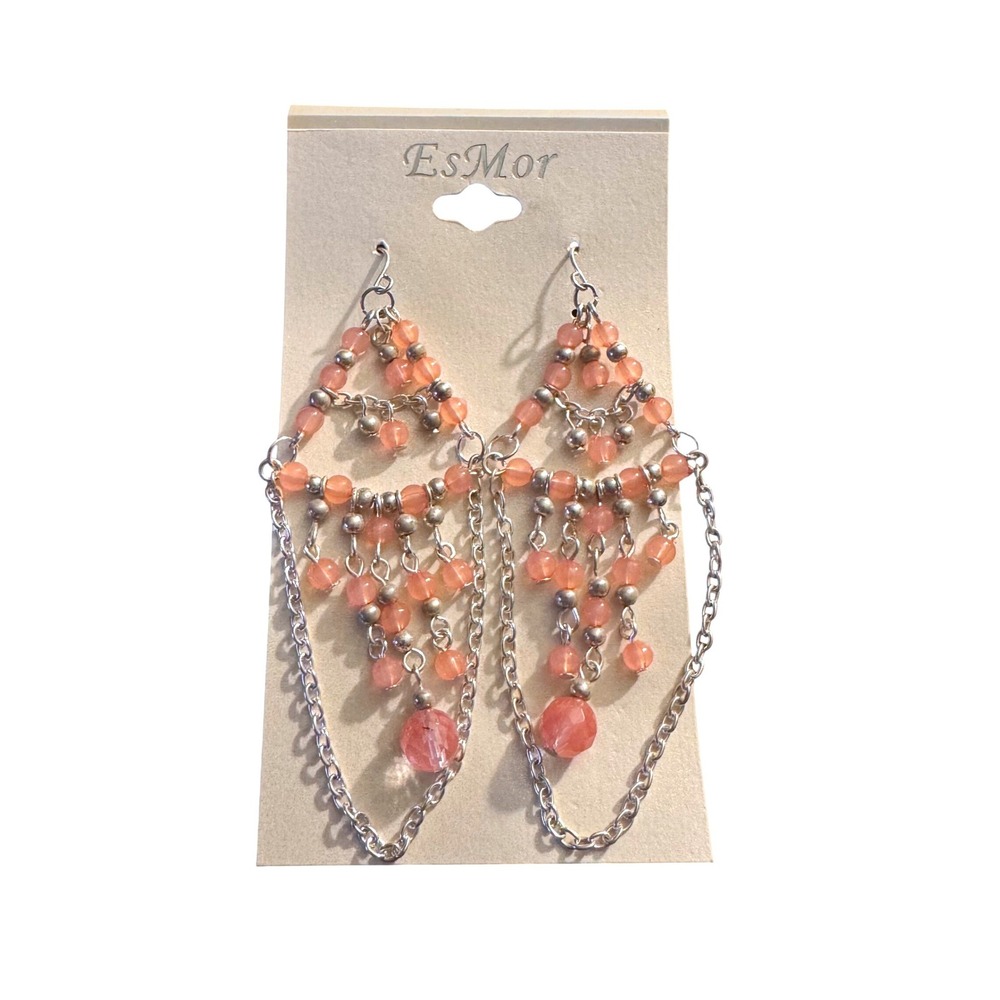NWT EsMor Peach Beaded Chandelier Dangle Earrings Silver Tone Chain Boho Style